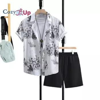 Мужские одинаковые комплекты Рубашка на пуговицах Рубашка Шорты Пляжные шорты Комплекты с короткими рукавами с лацканами Отпуск Графический шнурок Эластичный пояс Полиэстер Весна S белый