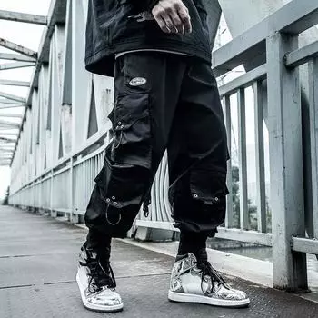 Мужские однослойные брюки больших размеров, модные повседневные брюки в стиле хип-хоп с несколькими карманами и завязками на шнурке, весна-осень 5XL чёрный