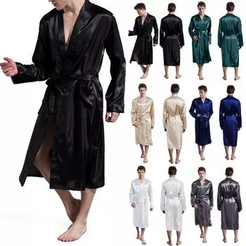 Мужские однотонные блестящие атласные пижамы и халаты с длинными рукавами L чёрный