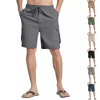 Мужские однотонные брюки-шорты с эластичной резинкой на талии, с несколькими карманами, прямые брюки длиной пять четвертей, рабочие брюки, повседневные брюки L чёрный