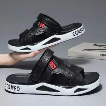 Мужские однотонные дышащие сандалии с открытым носком, удобные, нескользящие, прочные, с верхом из ЭВА, против запаха, летние пляжные прогулочные тапочки 38-39 чёрный