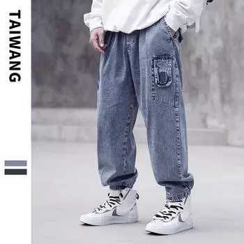 Мужские однотонные джинсы с принтом, модные прямые повседневные брюки в стиле хип-хоп, свободные уличные брюки в американском стиле ретро M синий