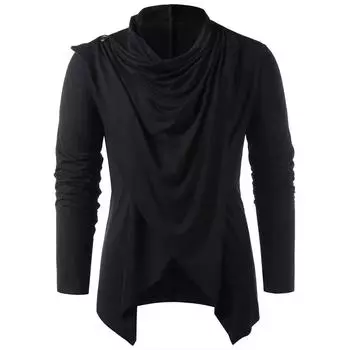 Мужские однотонные футболки с длинным рукавом, асимметричный дизайн с нахлестом, свободный повседневный кардиган, мужской уличный стиль, футболки с воротником-шалью M чёрный