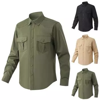 Мужские однотонные рубашки с длинным рукавом и карманами на пуговицах Мужские повседневные рубашки с длинным рукавом L армия зеленый