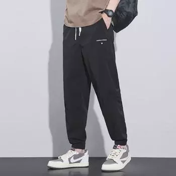 Мужские однотонные спортивные брюки с эластичным поясом - весна/лето, свободный покрой, повседневные брюки с завязками для студентов колледжей L (60kg)
