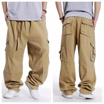 Мужские однотонные свободные брюки-карго большого размера в стиле хип-хоп с несколькими карманами L чёрный