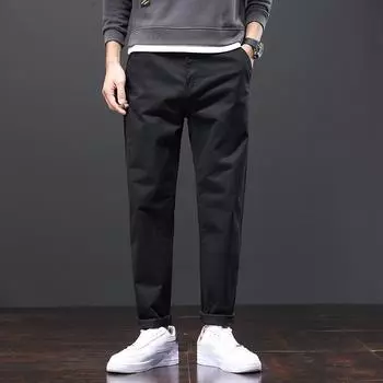 Мужские однотонные свободные прямые повседневные брюки большого размера на весну и осень 38 чёрный