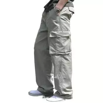 Мужские однотонные свободные тонкие повседневные брюки-карго с множеством карманов и эластичным поясом 4XL чёрный