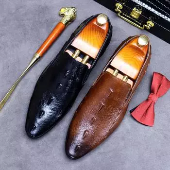 Мужские офисные туфли из натуральной кожи без застежек: Официальная и повседневная деловая обувь с крокодиловым узором Size 40 чёрный