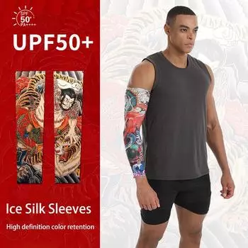Мужские охлаждающие рукава для езды на велосипеде с защитой от ультрафиолета, нарукавники с принтом и татуировкой, для велоспорта, с ледяным шелком, лето