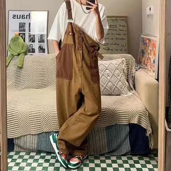 Мужские оранжево-коричневые комбинезоны, свободные прямые комбинезоны, модные мужские универсальные брюки XXL