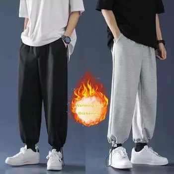 Мужские осенне-зимние брюки на шнурке с эластичной резинкой на талии, толстые плюшевые теплые однотонные прямые свободные широкие брюки с мягкими карманами, спортивные спортивные штаны для бега, длинные L чёрный
