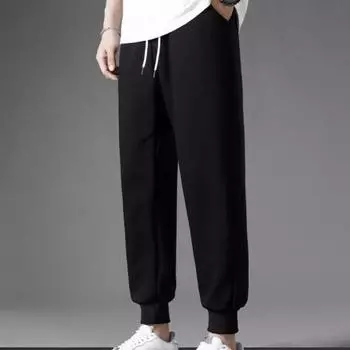 Мужские осенне-зимние брюки со средней эластичной резинкой на талии, свободные толстые плюшевые однотонные карманы с ремешками на щиколотке, теплые повседневные спортивные штаны до щиколотки, длинные спортивные брюки 2XL чёрный