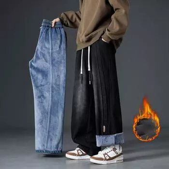 Мужские осенне-зимние модные джинсы большого размера из утолщенного бархата S чёрный