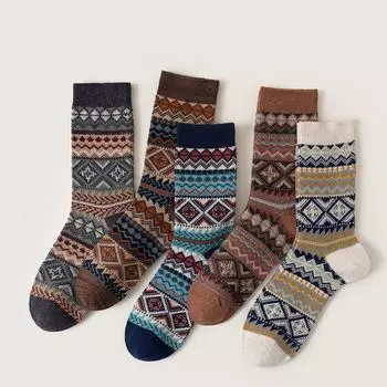 Мужские осенне-зимние носки в этническом стиле до середины икры в британском стиле — ручная работа, бесшовный дизайн One Size бежевый