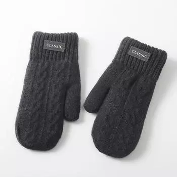 Мужские осенне-зимние шерстяные перчатки с бархатной подкладкой для улицы, вязаные теплые перчатки с пальцами, утолщенные двухслойные перчатки с ветрозащитой