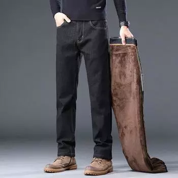 Мужские осенне-зимние теплые и мягкие толстые высококачественные джинсы, свободные прямые брюки оверсайз 28 темно-синий