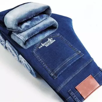 Мужские осенне-зимние толстые бархатные флисовые брюки, ветрозащитные свободные теплые костюмы, винтажные джинсы для мужчин, деловые джинсовые брюки 28 темно-синий