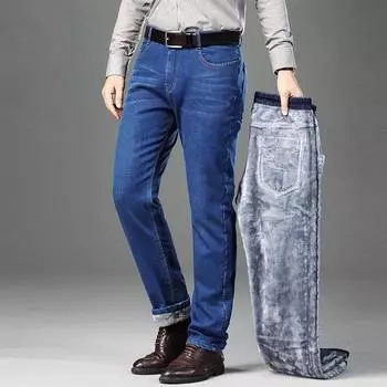 Мужские осенне-зимние толстые бархатные флисовые брюки, ветрозащитные свободные теплые костюмы, винтажные джинсы для мужчин, деловые джинсовые брюки 28 синий