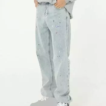 Мужские осенние джинсовые брюки с карманами на молнии и карманами, повседневные брюки с граффити, мешковатые джинсы, прямые джинсы M светло-синий