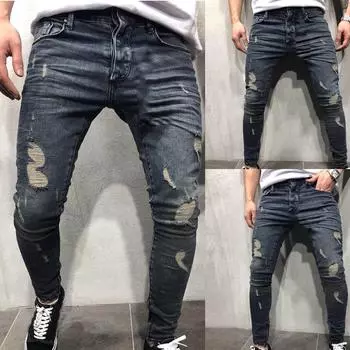 Мужские осенние джинсовые хлопковые прямые рваные брюки, джинсовые брюки с потертостями 30 синий