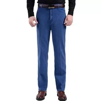 Мужские осенние джинсы, прямые, с высокой талией, однотонные, с карманами, на пуговицах, на молнии, мягкие дышащие до щиколотки, мужские длинные джинсовые брюки для мужчин среднего возраста 32 светло-синий