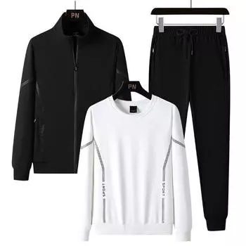 Мужские осенние хлопковые комплекты для бега с капюшоном + куртка + длинные брюки, комплекты из 3 предметов, мужской спортивный костюм, спортивная одежда M белый