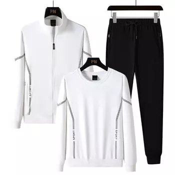 Мужские осенние хлопковые комплекты для бега с капюшоном + куртка + длинные брюки, комплекты из 3 предметов, мужской спортивный костюм, спортивная одежда M белый