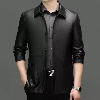 Мужские осенние и зимние куртки из натуральной кожи, мужские куртки из овчины для пап среднего возраста с лацканами 170