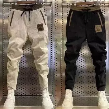 Мужские осенние и зимние шаровары, повседневные вельветовые брюки полной длины, эластичные облегающие зауженные книзу теплые брюки XXXXL чёрный