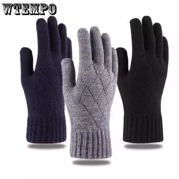 Мужские осенние и зимние теплые перчатки с пятью пальцами, толстые вязаные перчатки, флисовые перчатки для сенсорных экранов, защищающие от холода на открытом воздухе при езде на велосипеде чёрный