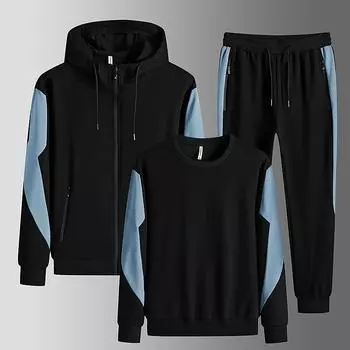 Мужские осенние комплекты толстовок с капюшоном с круглым вырезом + толстовки с капюшоном + длинные брюки, комплекты из 3 предметов, мужской спортивный костюм, спортивная одежда 2XL чёрный