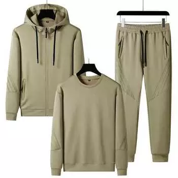 Мужские осенние комплекты толстовок с капюшоном с круглым вырезом + толстовки с капюшоном + длинные брюки, комплекты из 3 предметов, мужской спортивный костюм, спортивная одежда XL хаки