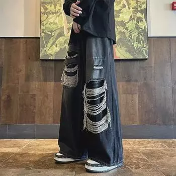 Мужские осенние ретро-джинсы с широкими штанинами и рваными штанинами — модные брюки в уличном стиле XXXL чёрный