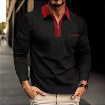 Мужские осенние рубашки, модные поло с застежкой-молнией, карманами в стиле пэчворк, рубашки поло с длинными рукавами, повседневные топы S