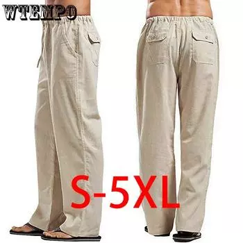 Мужские осенние уличные брюки с эластичной резинкой на талии, свободные брюки, прямые брюки для вечеринок, льняные брюки больших размеров S чёрный