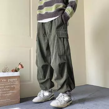 Мужские осенние вельветовые рабочие брюки молодежные свободные повседневные прямые широкие брюки 3XL чёрный