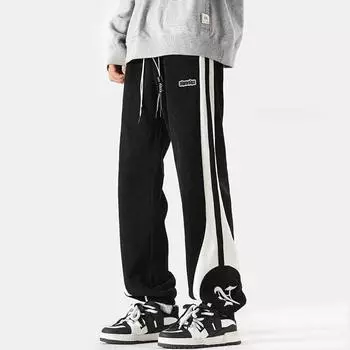 Мужские осенние вельветовые спортивные штаны контрастного цвета, винтажные теплые спортивные штаны, уличная одежда, свободные повседневные брюки в полоску M чёрный