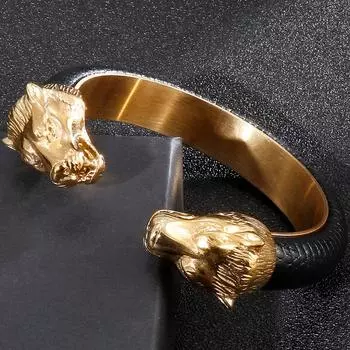 Мужские открытые браслеты с головой льва из нержавеющей стали золотого цвета, эластичные регулируемые кожаные браслеты для мальчиков, аксессуары для рук, ювелирные изделия 61MM(Elastic ) серебряный