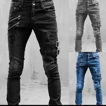 Мужские панк-узкие джинсовые брюки-карго Pantalones Y2K Clothing Retro Moto Biker Straight Elastic Jeans XXXL чёрный