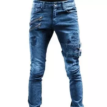 Мужские панк-узкие джинсовые брюки-карго Pantalones Y2K Clothing Retro Moto Biker Straight Elastic Jeans XS чёрный