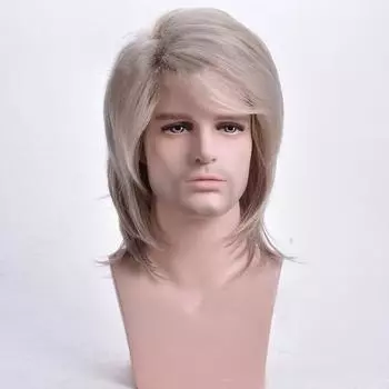 Мужские парики, вьющиеся синтетические многослойные парики, мужские волосы длиной до плеч, светло-русый мужской парик с челкой, термостойкое волокно света блондинка