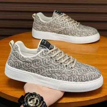 Мужские парусиновые туфли с низким верхом, лето 2025, новинка, нишевая обувь с низким верхом и принтом, мужская спортивная и досуговая модная обувь на толстой подошве 39 чёрный