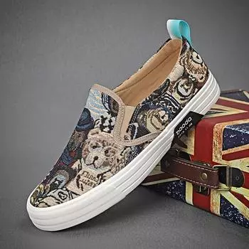 Мужские парусиновые туфли с принтом медведя, дышащие туфли для доски, корейская версия, мягкая подошва, легкие повседневные туфли без застежек на плоской подошве 39 хаки