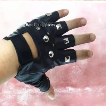 Мужские перчатки без пальцев из натуральной кожи с заклепками для уличных танцев в стиле панк faux leather чёрный