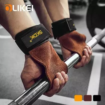 Мужские перчатки для тяжелой атлетики OLIKEI из воловьей кожи с защитой ладоней, нескользящие износостойкие тренажеры, подтяжки для запястий, подушечки для рук, перчатки для фитнеса с становой тягой One Size коричневый