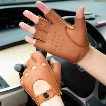 Мужские перчатки с полупальцами для фитнеса, вождения, высококачественные перчатки из натуральной кожи, без пальцев, желто-коричневые, для водителя, спортивные мотоциклы M