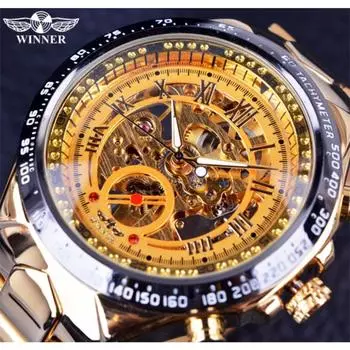 Мужские персональные модные золотые цельнометаллические полые автоматические механические часы T-Winner