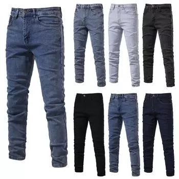 Мужские персонализированные джинсовые потертые трендовые повседневные прямые брюки с микроэластичной резинкой 34 чёрный