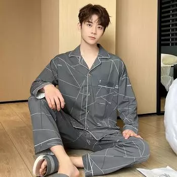 Мужские пижамные комплекты с графическим принтом, пижама с отложным воротником, с длинным рукавом, весна-осень, ночная рубашка, мужской комплект из 2 предметов, домашняя одежда L